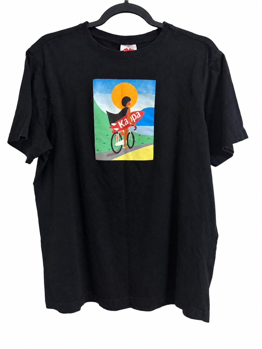 Kappa Men’s Black Graphic T-Shirt Bike Girl Surfboard Streetwear Tee Y2K Large